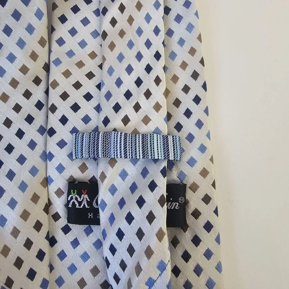 Mens Charles Wain Hand Made Silk Tie Cream Blue Hues Casual Preppy  R0337